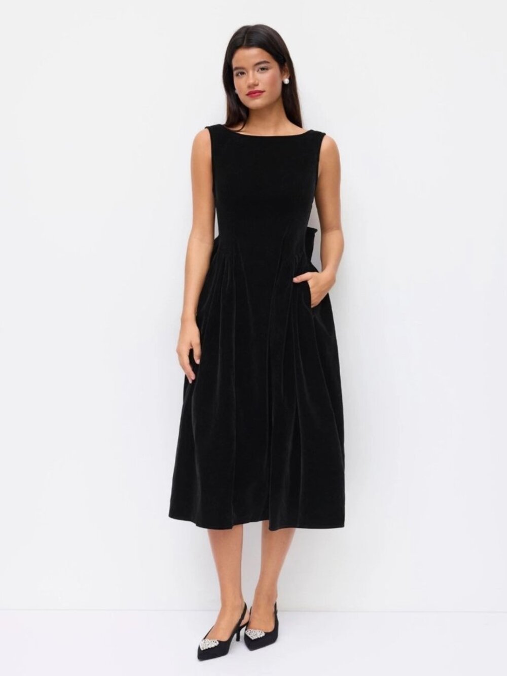 Cider Black Velvet Sleeveless Backless Bow Midi Formal Dress Pockets XL 10 NEW